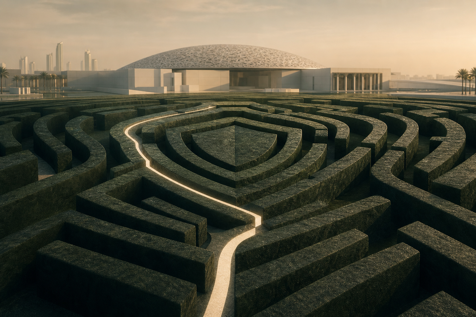 A luminous path through a shield-shaped green maze in Abu Dhabi